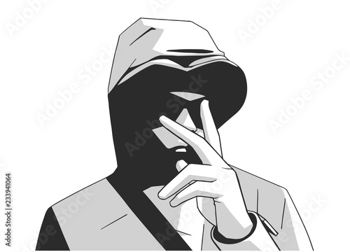 Illustration of young hooded gang member with victory hand sign