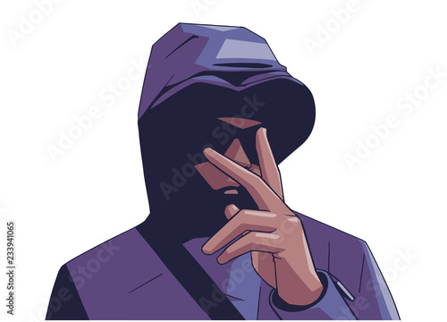 Illustration of young hooded gang member with victory hand sign photo