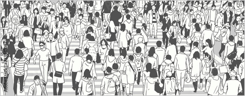 Illustration of large city crowd people tourist walking