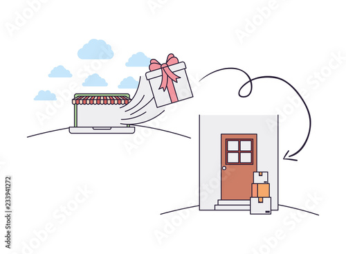 portable with tent and gift coming to door