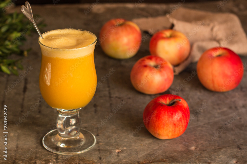 apple juice fresh (smoothie). top view. copy space apple juice fresh (smoothie). top view. copy space