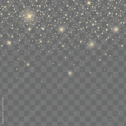 Golden glow stars. Glitter light effect. Vector shine sparks on transparent background. Design element for cards, invitations, posters and banners 
