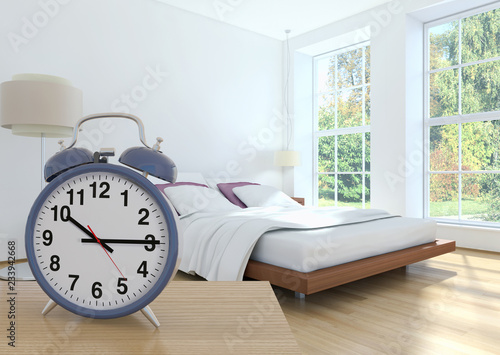 illustration 3D analog alarm clock on side table in large luxury modern bright, Time of day, interiors room rendering computer generated image not photos and not private property