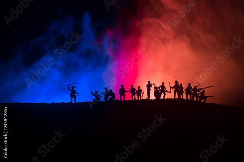 American Civil War Concept. Military silhouettes fighting scene on war fog sky background. Attack scene.