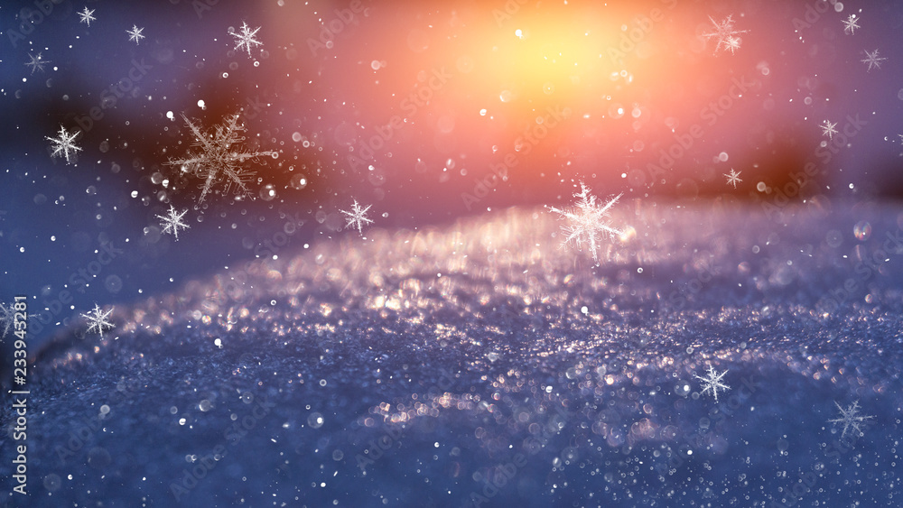 Obraz premium Winter snow background, blue color, snowflakes, Winter snow background, blue color, snowflakes, sunlight, macro.
