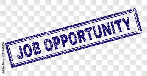 JOB OPPORTUNITY stamp seal print with rubber print style and double framed rectangle shape. Stamp is placed on a transparent background.