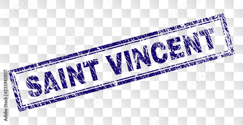 SAINT VINCENT stamp seal print with grunge style and double framed rectangle shape. Stamp is placed on a transparent background. Blue vector rubber print of SAINT VINCENT title with unclean texture.