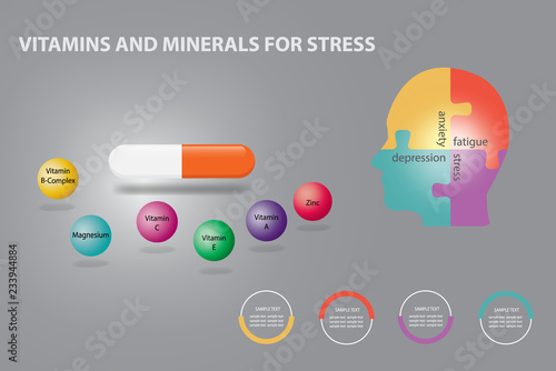 Infographic vector showing capsule of the vitamins and minerals for stress. The human head divided into four parts is on the right. Groups of vitamins and minerals are written on colored balls in fron