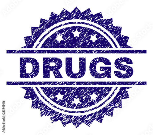 DRUGS stamp seal watermark with distress style. Blue vector rubber print of DRUGS caption with retro texture.