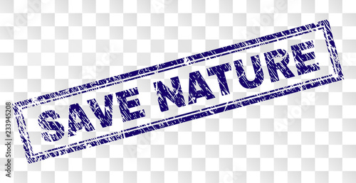 SAVE NATURE stamp seal print with rubber print style and double framed rectangle shape. Stamp is placed on a transparent background.