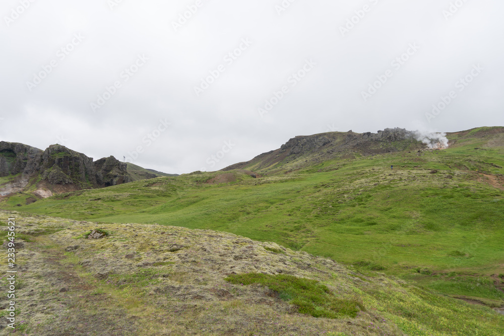 Grüne Landschaft mit heißen Quellen und Wasserfällen - Hengill Geothermalgebiet / Island