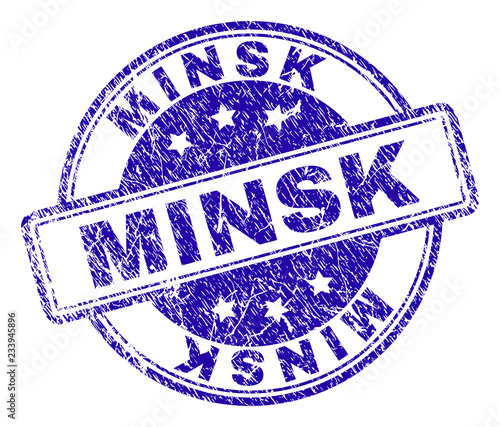 MINSK stamp seal watermark with distress texture. Designed with rounded rectangles and circles. Blue vector rubber print of MINSK title with scratched texture.