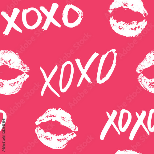 XOXO brush lettering signs seamless pattern, Grunge calligraphic hugs and kisses Phrase, Internet slang abbreviation XOXO symbols, vector illustration isolated on white background