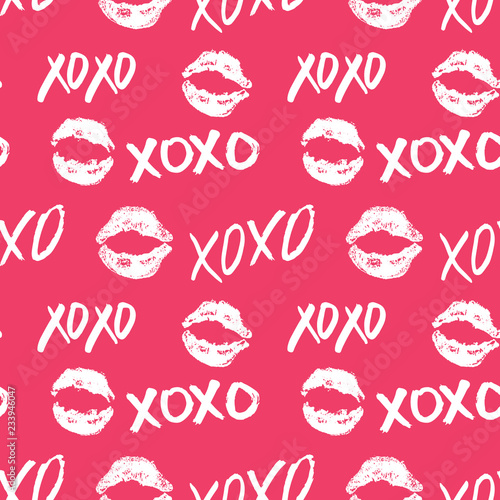 XOXO brush lettering signs seamless pattern, Grunge calligraphic hugs and kisses Phrase, Internet slang abbreviation XOXO symbols, vector illustration isolated on white background