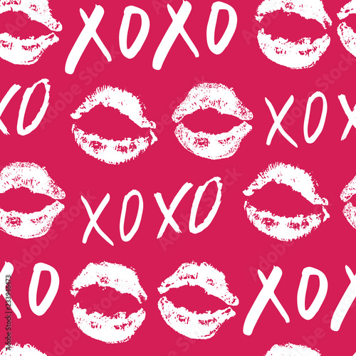 XOXO brush lettering signs seamless pattern, Grunge calligraphic hugs and kisses Phrase, Internet slang abbreviation XOXO symbols, vector illustration isolated on white background