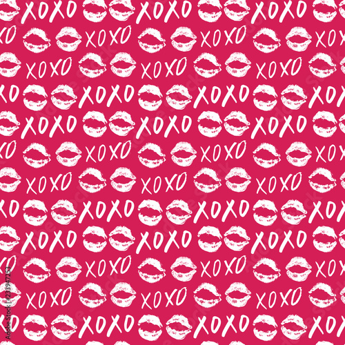 XOXO brush lettering signs seamless pattern, Grunge calligraphic hugs and kisses Phrase, Internet slang abbreviation XOXO symbols, vector illustration isolated on white background