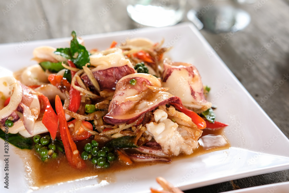 spicy fried stir sea food, Thai foods spicy fried stir sea food, Thai foods