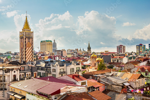 top view of the main attractions of old Batumi, located on the Black sea coast on a cloudy summer day. The Church of St. Nicholas, Basilica, Capital tower, Cathedral of the Nativity of virgin Mary