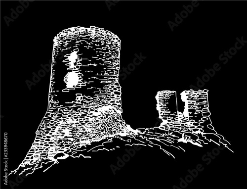 Graphical hand painted balaclava fortress isolated on black background,vector sightseeing ,medieval castle