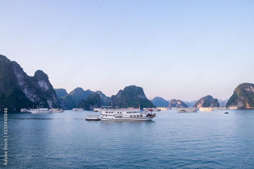 Panoramic view of Ha Long Bay in the sunset. Located in the north of Vietnam, Ha Long Bay is one of the world's most famous nature heritages