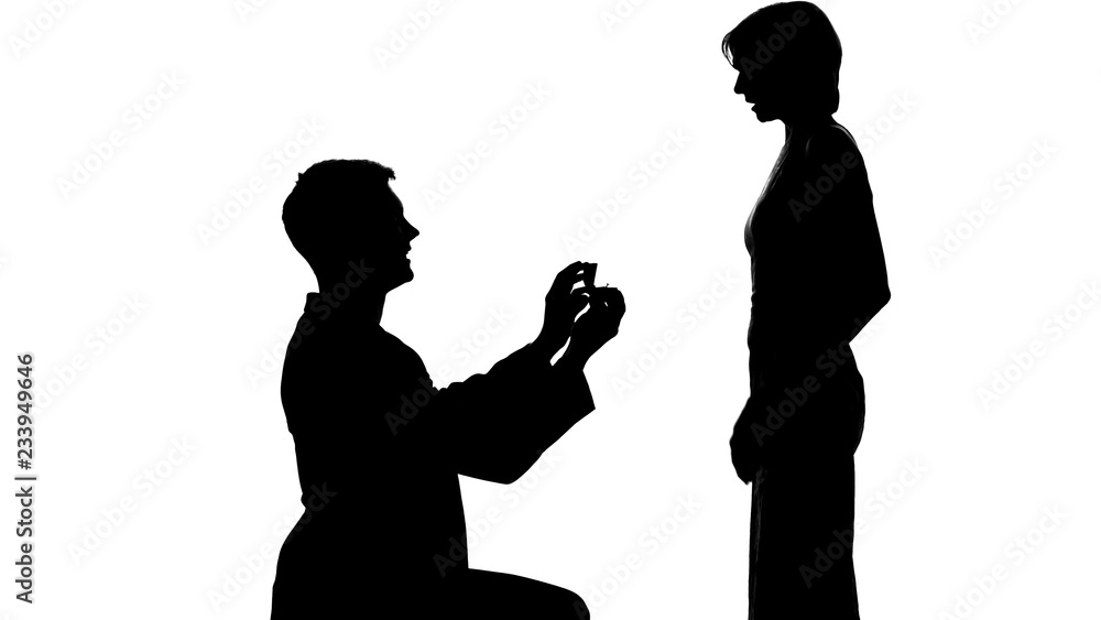 Young man shadow making proposal to lady, marriage offer, romantic relations