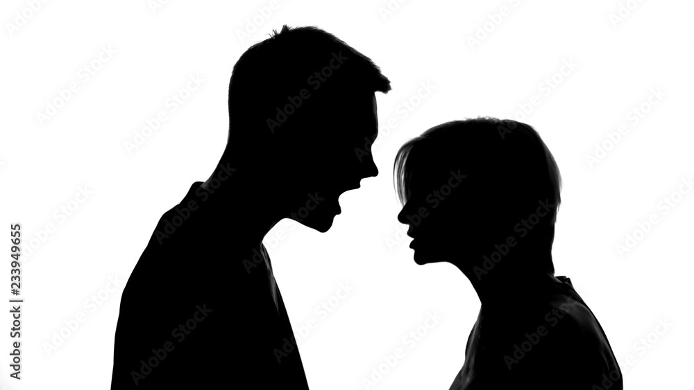 Silhouettes of arguing husband and wife, stressful environment at home, problems