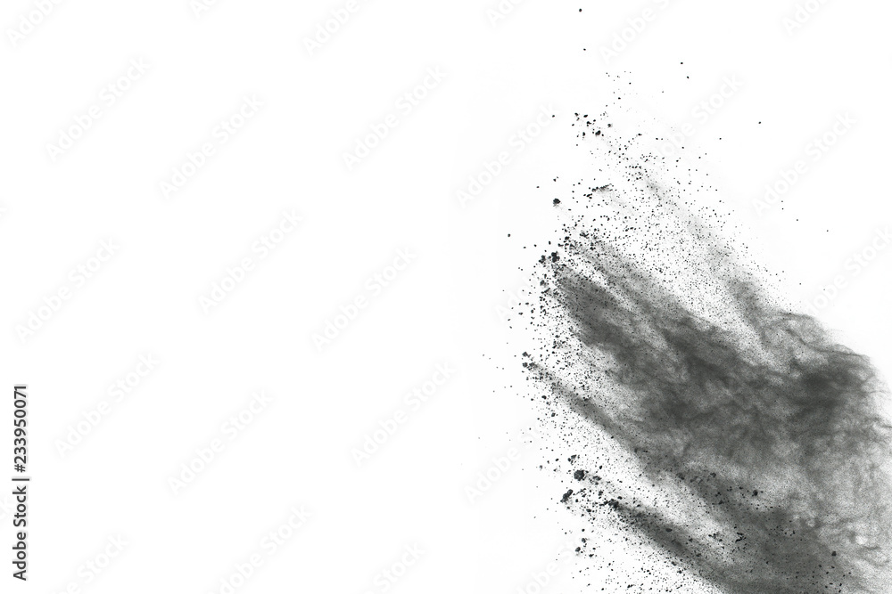 Obraz premium particles of charcoal on white background,abstract powder splatted on white background,Freeze motion of black powder exploding or throwing black powder.
