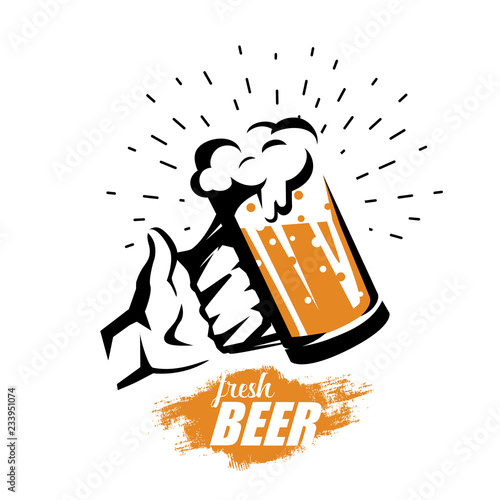 hand holding beer mug, stylized vector symbol in retro style, logo template