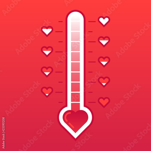 Love thermometer. Hot or frozen heart temperature counter valentines card. Love level meter vector concept illustration