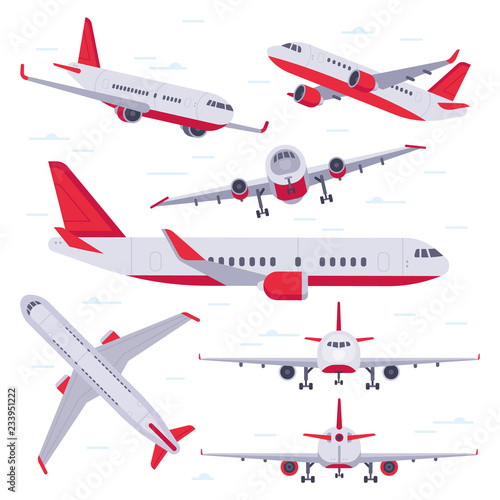Flat airplane. Aircraft flight travel, aviation wings and landing airplanes isolated vector illustration