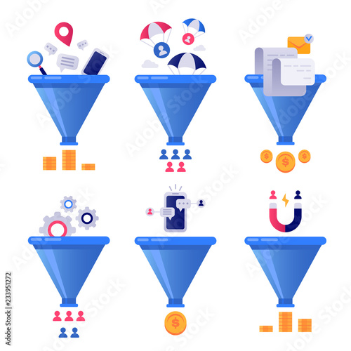 Funnel generation sales. Business lead generations, mail sorter funnels and pipeline sale optimisation vector concept illustration set photo