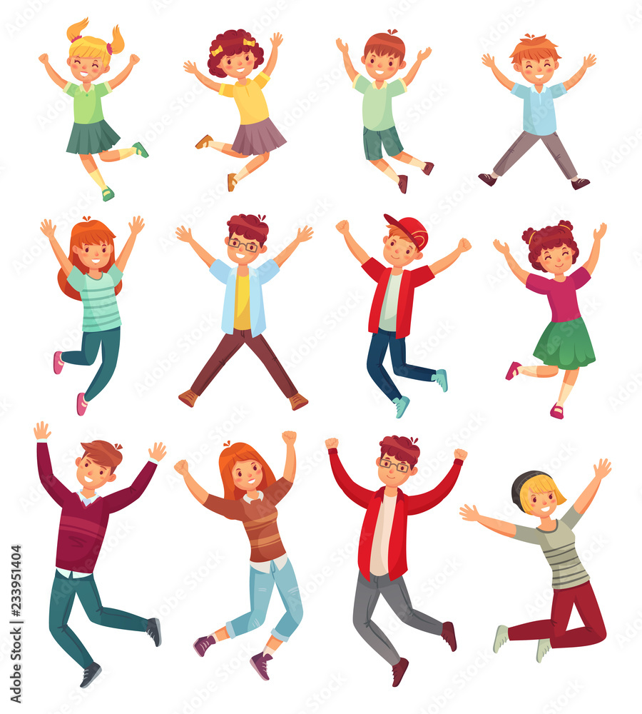 Jumping kids. Excited childrens jump, happy jumped teenagers and smiling child jumps cartoon vector illustration set Stock Vector | Adobe Stock Jumping kids. Excited childrens jump, happy jumped teenagers and smiling child jumps cartoon vector illustration set Stock Vector | Adobe Stock
