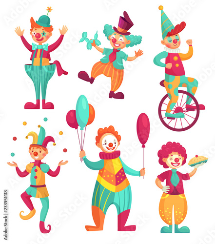 Circus clowns. Cartoon clown comedian juggling, funny clowns nose or jester party circus costume. Vector illustration set