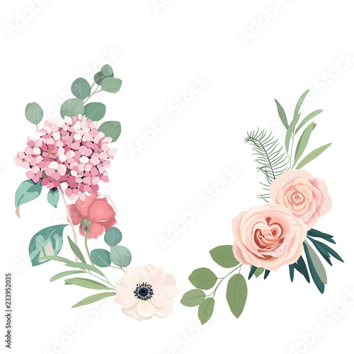Fototapeta Naklejka Na Ścianę i Meble -  Frame border background. Floral wedding card with hortensia, rose, anemone and eucalyptus branch. Vector illustration