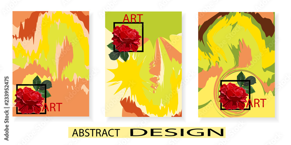 Set of artistic creative universal cards. Hand drawn texture. Design for poster, postcards, invitations, brochures, leaflets. Bright geometric pattern with doodles elements and roses. Vector.