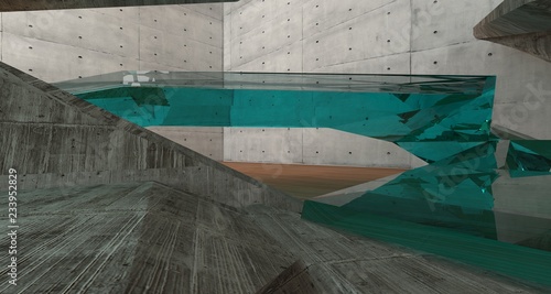 Abstract  concrete and wood interior  with window. 3D illustration and rendering.