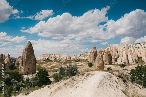 Beautiful view of the hills of Cappadocia. One of the sights of Turkey. Tourism, travel, nature.
