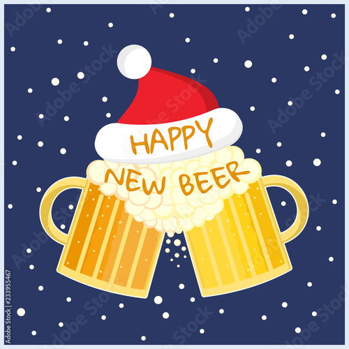Bright cartoon colorful two beer glasses in christmas hat, toast cheers symbol. Toasting foamy ale pints with Happy New Beer text. Nice color winter holidays greeting card