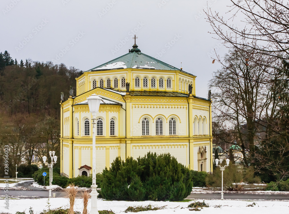 Catholic church in the small west Bohemian spa town Marianske Lazne (Marienbad) - Czech Republic. Winter time.