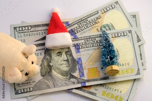 Franklin on a hundred dollars, a soft piglet, a Christmas tree and a Santa Claus hat. How much money do Americans spend on New Year's holidays? The concept of finance and debt in the year of the pig