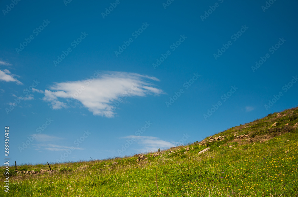 cloud shaped like cantabria on blue sky and green grass cloud shaped like cantabria on blue sky and green grass