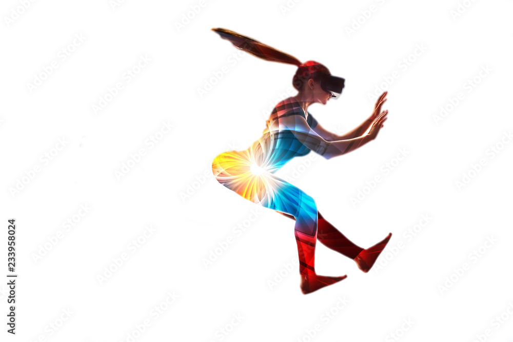 A girl in virtual reality glasses. Concept of modern technologies and technologies of the future. A girl in virtual reality glasses. Concept of modern technologies and technologies of the future.