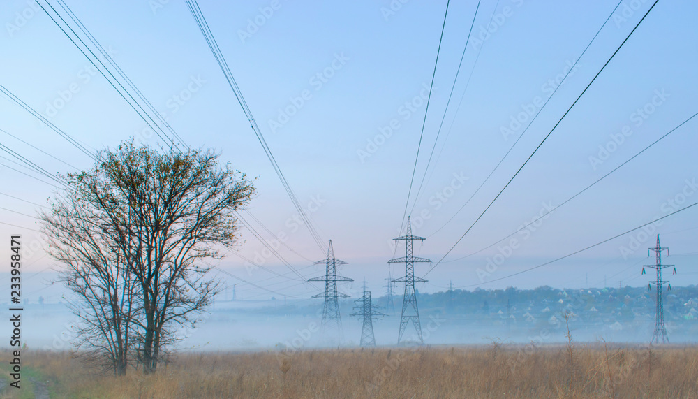 Electric pylons in the field in the fog