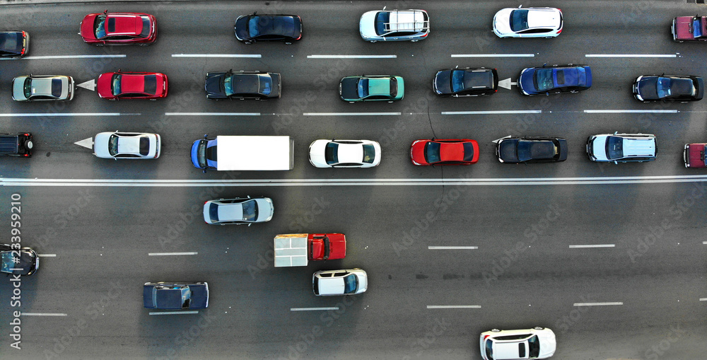 City traffic jam on a highway. Aerial.