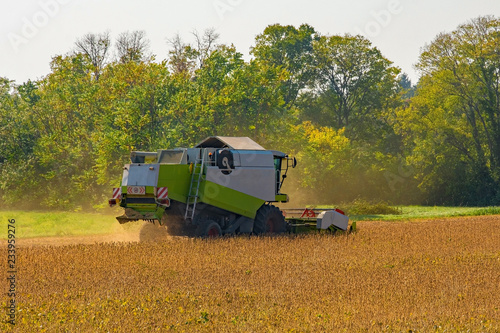 A combine harvester in a soybean field harvesting the autumn crop in Friuli Venezia Giulia, north east Italy 