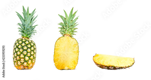 Pineapple composition collection in different variations isolated on white background. Whole, cut in half and a slice of pineapple. Clipping Path