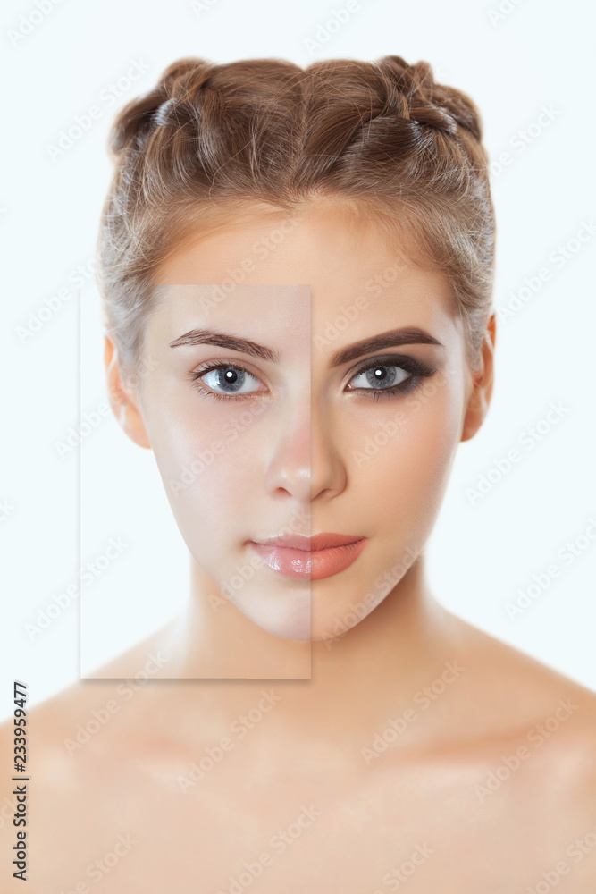 Portrait of a beautiful young girl with beautiful make-up and hairstyle. The photo shows a comparison before and after applying makeup. Portrait of a beautiful young girl with beautiful make-up and hairstyle. The photo shows a comparison before and after applying makeup.