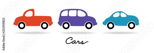 set of vector car pick-up truck and van vehicle illustrations, trip or travel transportation art designs in simple cute minimal design print