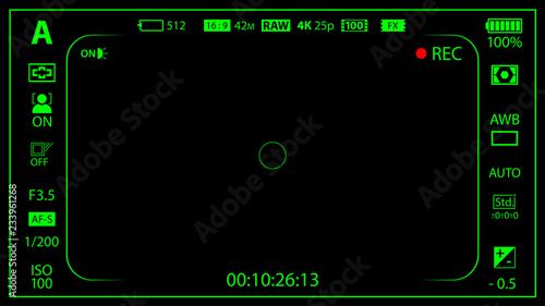 Black and green modern digital camera focusing screen with settings template. Black viewfinder mirrorless, DSLR or cameraphone camera recording. Vector illustration