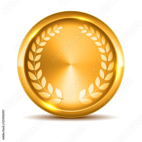 Realistic gold coin with laurel wreath 